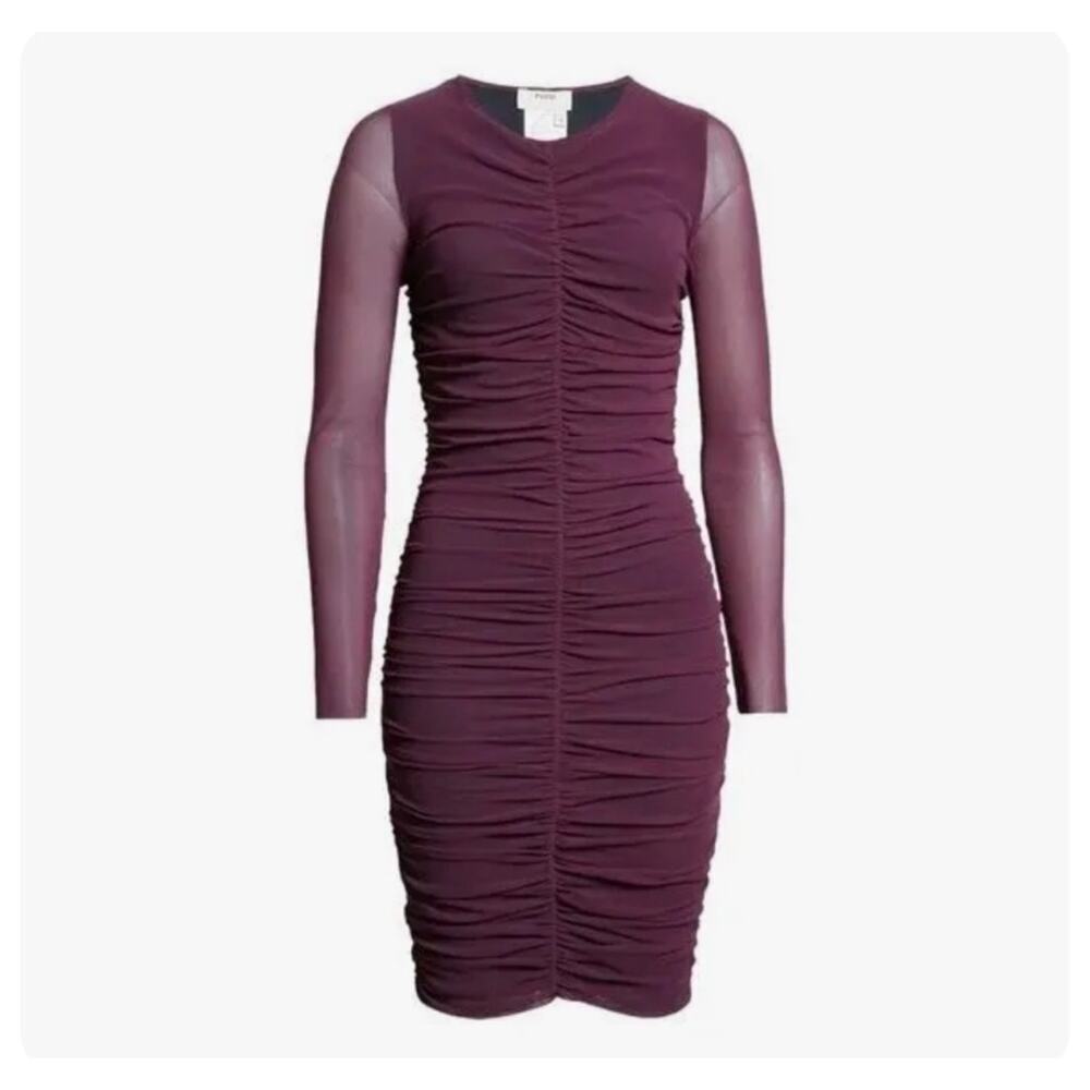 Fuzzi Mesh Ruched Sheath Dress Long Sleeve Round Neck In Wood Voilet Size XL NWT